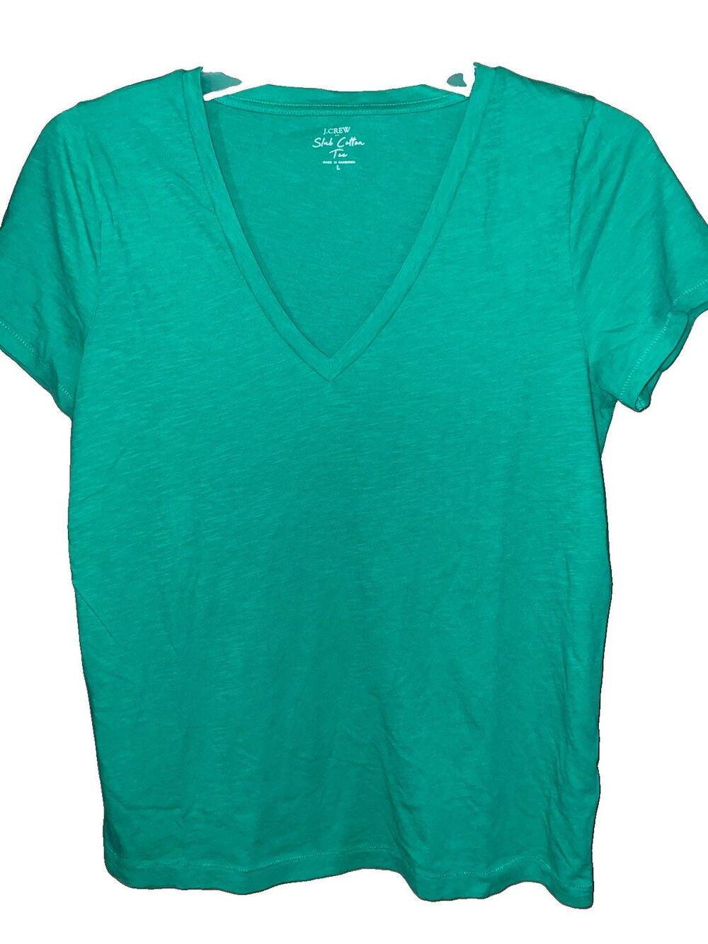 J Crew Womens Short Sleeve Shirt Green V Neck Cotton Casual StreetWear Sz L